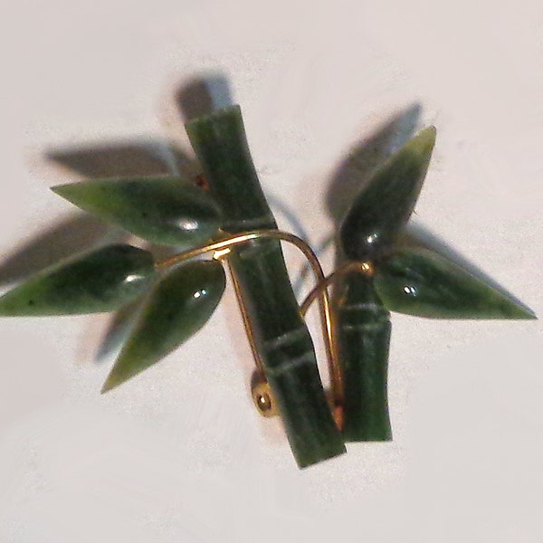 Jade Colored Stone Bamboo Leaf Hand Carved Oriental Pin - 2 inches wide!