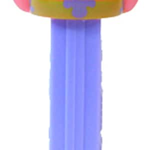 May include: A pink and purple plastic SpongeBob SquarePants character Pez dispenser. The dispenser features a smiling SpongeBob with a yellow belt and a purple Pez dispenser.