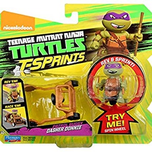 May include: Teenage Mutant Ninja Turtles T-Sprints toy featuring a yellow and brown toy vehicle with a Donatello figure. The vehicle has a spinning wheel and the figure can be moved forward and backward. The packaging features the Nickelodeon logo and the Teenage Mutant Ninja Turtles logo.