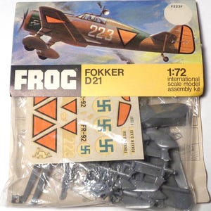 Kit de modelo de avión Frog VINTAGE a escala 1/72: avión de combate alemán / británico Fokker D21, ¡nuevo en bolsa de cartón original!