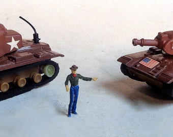 PAIR of US M-60 Army Tanks - Inexpensively made good for HO model train flatbeds or layouts - See description...