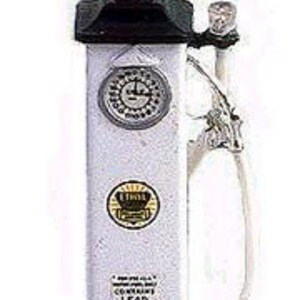 May include: White vintage gas pump with a black base and a red Sinclair US Motor Gasoline globe. The pump has a white face with a black dial and a black nozzle.