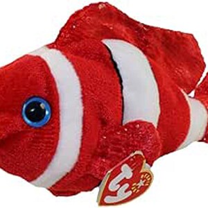 May include: A plush toy clownfish in vibrant red with white stripes and a blue mouth. The fish has large blue eyes and a tag attached. This soft toy is designed for children.