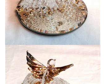 Hand Blown-Made Glass Small Bird atop Large pair of bells - 24kt Gold trim - Decorative glass mounted to mirror base!