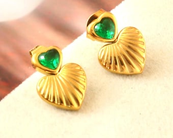 Gold Tone Green Heart Earrings, Bejeweled Statement Jewelry