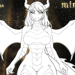 Puede incluir: Ilustración digital de una base de dragona con dos peinados. La imagen muestra un dibujo lineal y una versión coloreada de la dragona. El texto en la imagen dice "mini Dragoness Base" y "2 hairstyles no more options".