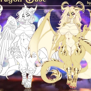 May include: Digital art titled "Altynshine Dragon Base" featuring three dragon characters. The image includes a detailed breakdown of the base's features, such as layers, hairstyles, horn variations, ear types, tail options, plate designs, and wing styles. The text indicates the base can be used to create any dragon character.