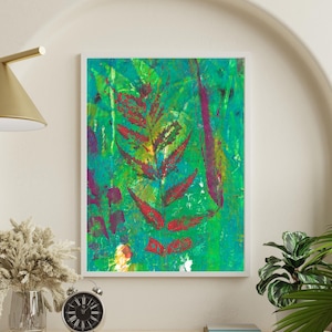 Abstract Botanical Art Print: Colorful Acrylic Monoprint Wall Art