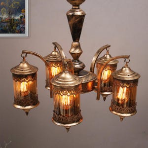Vintage Bronze Lantern Chandelier | Rustic Farmhouse Ceiling Light, 5-Light Fixture