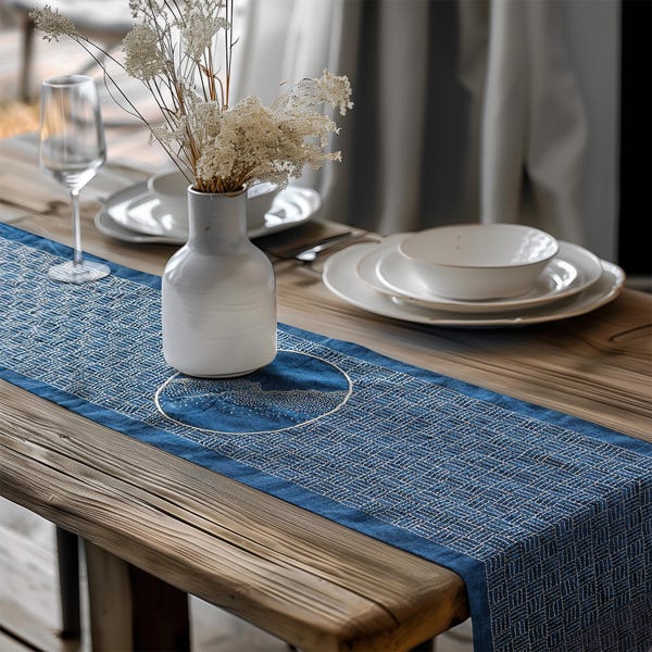 Sashiko Blue Table Runner with Tassels, Hand Embroidery Table Runners, Japanese Kitchen Dining Table Decoration for Home Party Decor