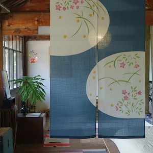 Japanese Art Linen Noren Curtain | Handcrafted Blue & White Floral Room Divider | Traditional Doorway Decor, Unique Home Decor