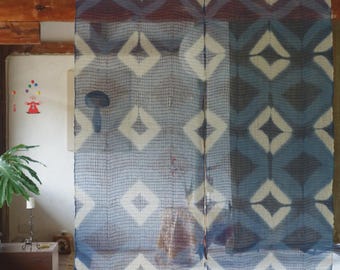 Traditional Japanese Art Noren Curtain, Blue Shibori Geometric Ramie Linen Room Divider, Hand-Dyed Doorway Curtains, Christmas Gifts