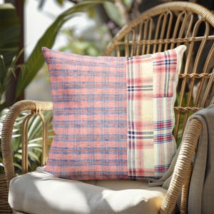 Handwoven Cotton Patchwork Pillow Cover, Reversible Gingham Plaid