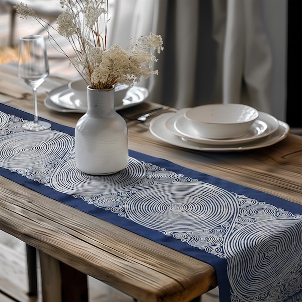 Geometric Table Runner, Hmong Motifs Batik Table Runners, Indigo Blue Dining Accent, Fall Kitchen Dining Table Decor, Custom Design and Size