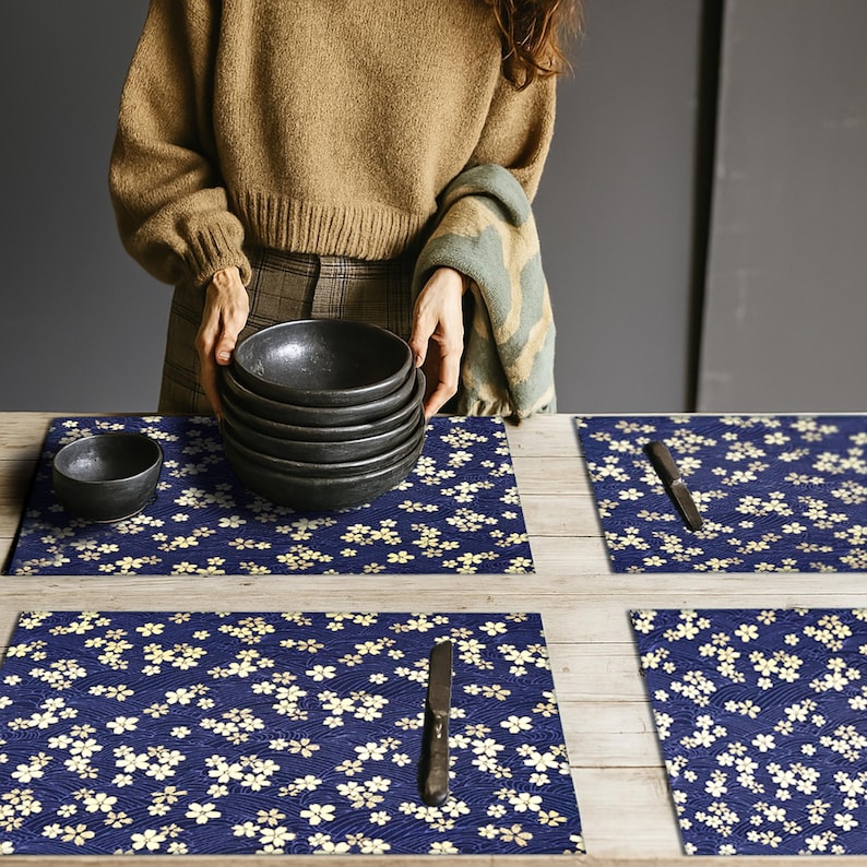 Navy and Gold Cherry Blossom Placemats, Japanese Sakura Mats - Etsy