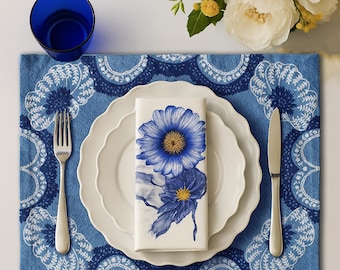 Blaue Blumen-Tischsets / Läufer, handgefertigtes Batiken-Tischset, rustikale Bauernhaus-Tischsets für Esszimmer, Küche, Tische im Freien, Boho-Tischdekoration