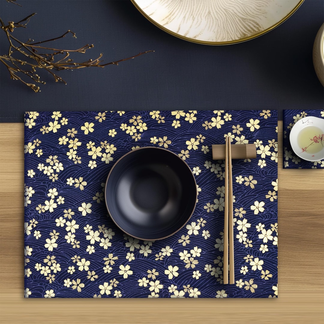 Navy and Gold Cherry Blossom Placemats, Japanese Sakura Mats - Etsy