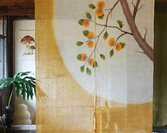 Japanese Art Linen Noren Curtain | Handcrafted Yellow Persimmon Room Divider | Dual-Sided Traditional Doorway Decor, Unique Home Decor