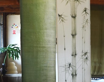 Cortina Noren de lino con arte japonés / Separador de ambientes Shibori de bambú verde hecho a mano / Decoración tradicional de doble cara para puerta, decoración única para el hogar