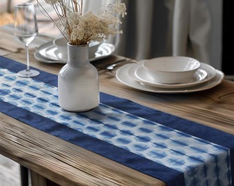 Shibori Table Runner, Blue Tie Dye Table Runners-Japanese Table Decor-Cotton Linen Blend Cloth Dresser Scarf-Fall Kitchen Dining Table Decor