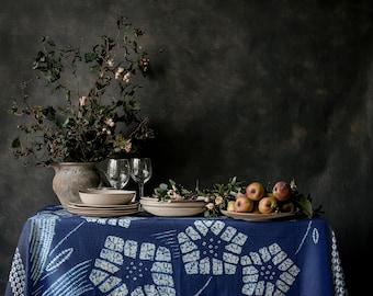 Indigo Dye Floral Tablecloth, Tie Dye Botanical Cotton Table Cover, Shibori Rectangle Table Cloth, Handmade Boho Table Decor, Wall Tapestry