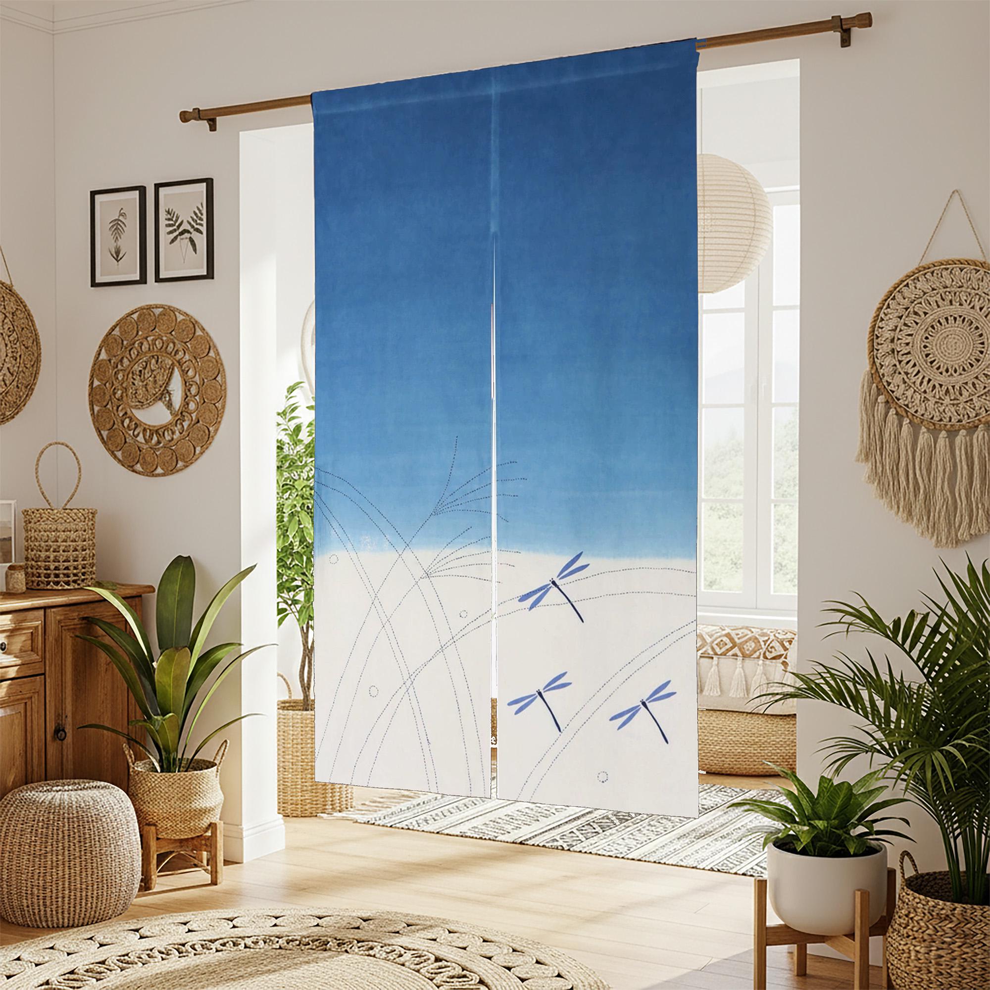 Blue Dragonfly Noren Doorway Curtain, Tie-dye Door Curtain