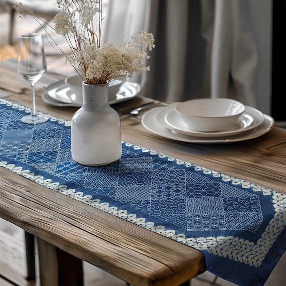 Sashiko Table Runner Pattern With Tassels, Elegant Blue Table