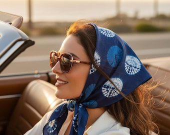 Mulberry Silk Indigo Tie-Dye Bandana | Pearl Flower Floral Scarf | Handcrafted Kerchief | Natural Dye Headband