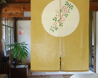 Japanese Art Linen Noren Curtain-Handcrafted Yellow Floral Room Divider-Traditional Doorway Decor, Unique Home Decor