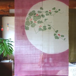 Art Noren Vorhänge im japanischen Stil, handgefertigter Raumteiler mit rosa Blumenmuster und traditionellem Leinentürvorhang