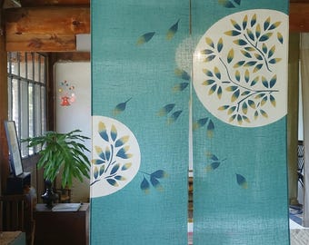 Japanese Art Ramie Linen Noren Curtain | Handcrafted Teal Floral Room Divider | Traditional Doorway Decor, Unique Home Decor