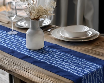 Shibori Table Runner, Blue Tie Dye Table Runners-Japanese Table Decor-Cotton Linen Blend Cloth Dresser Scarf-Fall Kitchen Dining Table Decor