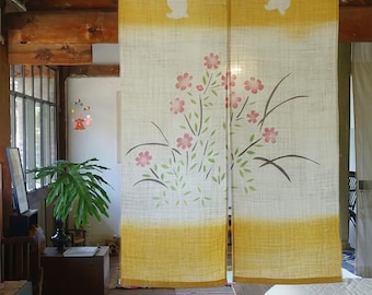 Japanese Art  Noren Curtain | Handcrafted Yellow Gradient Room Divider | Floral Bunny Doorway Decor, Unique Home Decor