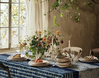 Indigo Tie Dye Tablecloth, Shibori Stitches by Twigged, Navy Shibori Elegant Geometric Cotton Tablecloth, Rectangle Tablecloth, Gift for Her