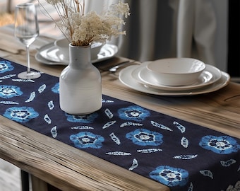 Blue Flower Table Runner, Floral Pattern Table Runner, Shibori Tie Dye Table Decoration, Handmade Table Runner, Japanese Table Decor
