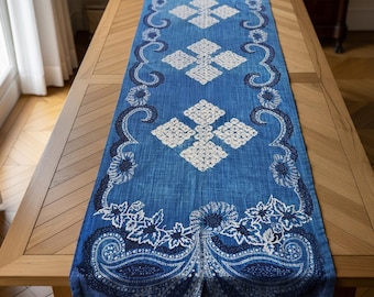 Blue Floral Table Runner with Tassels, Cotton Linen Shibori Table Decor-Botanical Pattern Dining Accent-Fall Kitchen Dining Table Decoration