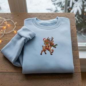 Washed Color Gingerbread Embroidered Sweatshirt: Washed Christmas Style - Reindeer Ride