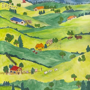 Impresión artística de paisaje rural / Escena de pueblo caprichosa / Acuarela de colinas de granja / Arte mural de animales y naturaleza / Póster pastoral soleado