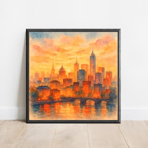 Colourful Watercolour Cityscape Wall Art | Modern Urban Skyline Print for Vibrant Home or Office Decor