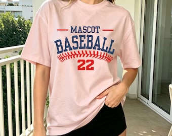 Camiseta de béisbol con mascota personalizada, camiseta con nombre y número de equipo personalizados, camiseta personalizable para mamás aficionadas al béisbol, camiseta deportiva para el día del partido, camiseta de equipo personalizada
