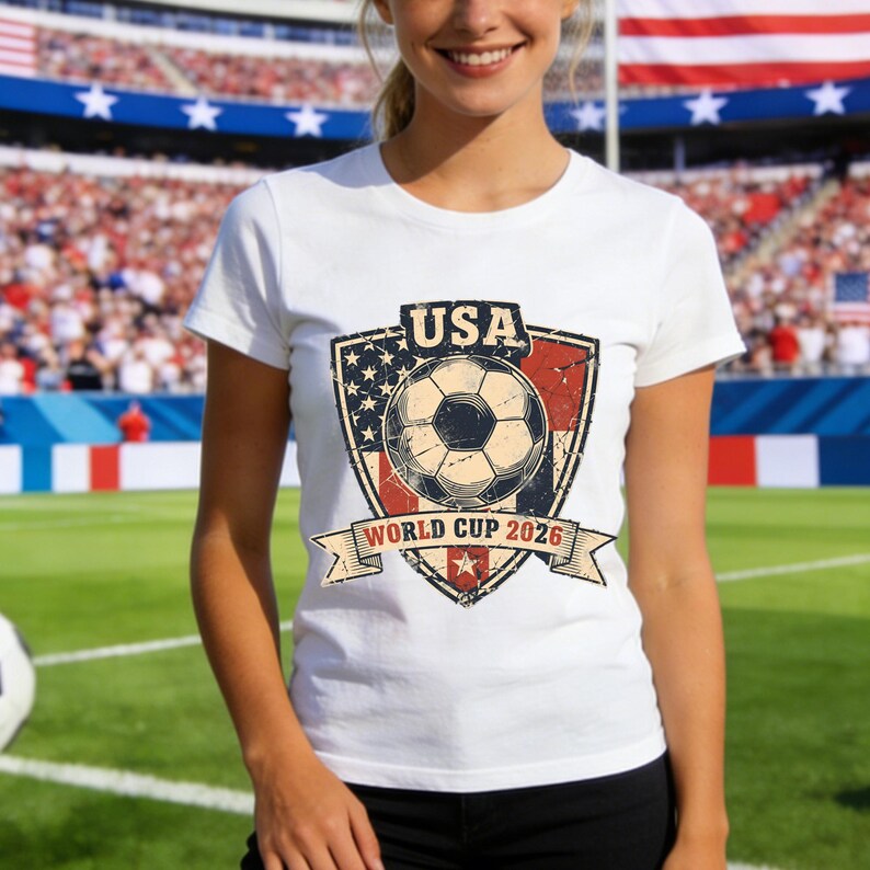 Puede incluir: Camiseta blanca con un gr&aacute;fico desgastado que presenta un bal&oacute;n de f&uacute;tbol, la palabra "USA" y "WORLD CUP 2026" en un dise&ntilde;o en forma de escudo. La camiseta se usa en un estadio con un campo verde.