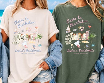 Camiseta de despedida de soltera personalizada con el nombre de la novia, ideal para viajes de chicas, con brindis en la costa, estilo Rainbow Row.