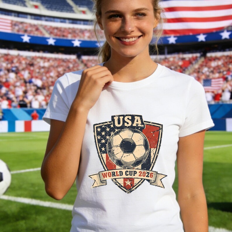 Puede incluir: Camiseta blanca con un dise&ntilde;o gr&aacute;fico de bal&oacute;n de f&uacute;tbol dentro de un escudo. El escudo incorpora la bandera estadounidense y el texto "USA" y "World Cup 2026". La camiseta se lleva en un estadio.