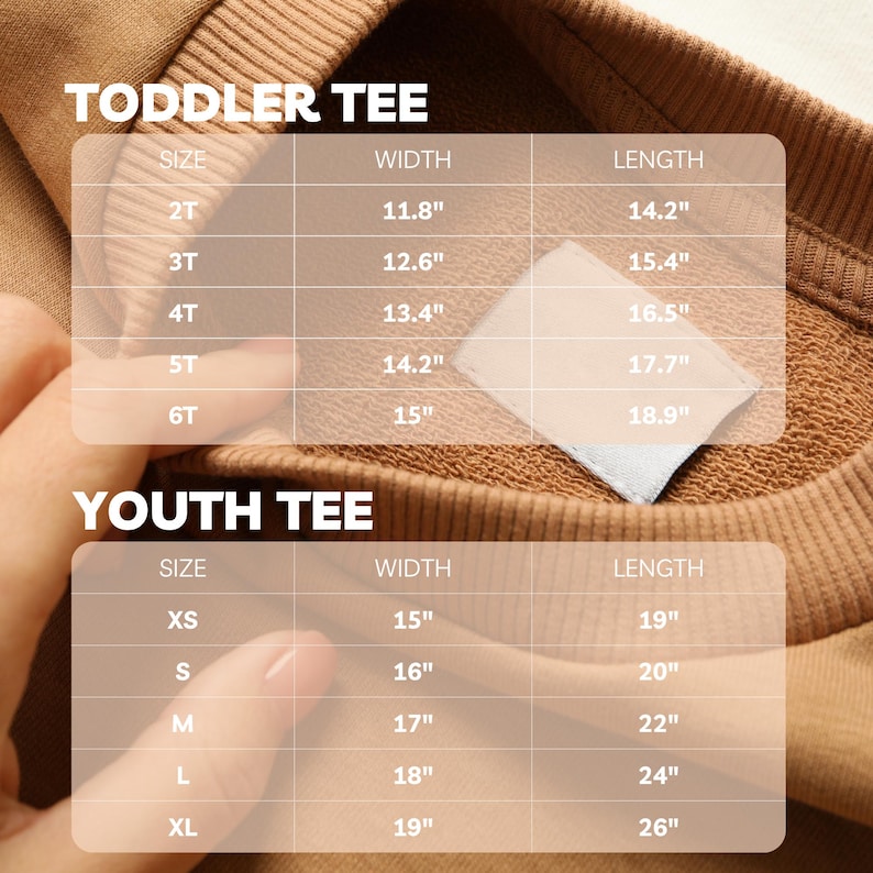 Puede incluir: Una tabla de tallas de camisetas para ni&ntilde;os peque&ntilde;os y j&oacute;venes de color beige. La tabla incluye tallas, anchos y largos en pulgadas. Las tallas para ni&ntilde;os peque&ntilde;os van de 2T a 6T, y las tallas para j&oacute;venes de XS a XL.