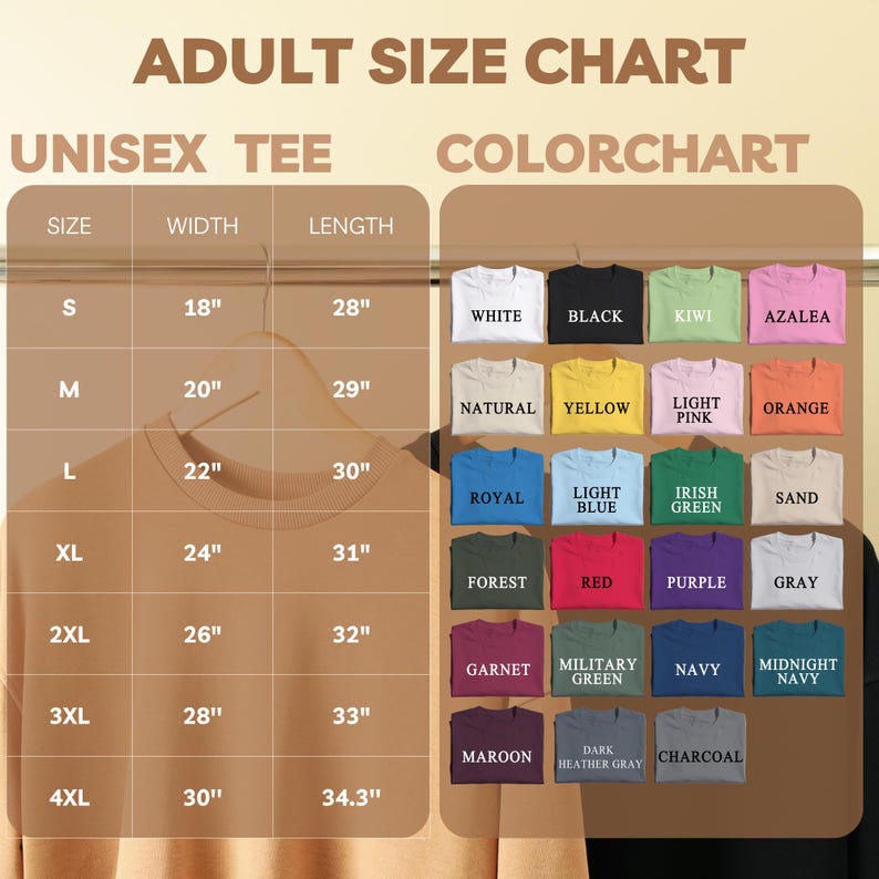 Puede incluir: Una tabla de tallas para adultos de camisetas unisex, que muestra las medidas en pulgadas. La tabla incluye tallas de la S a la 4XL, con los anchos y largos correspondientes. Una carta de colores muestra varios colores de camisetas.