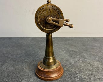 Brass Ship Telegraph Replica: Antique Nautical Decor on Wooden Base