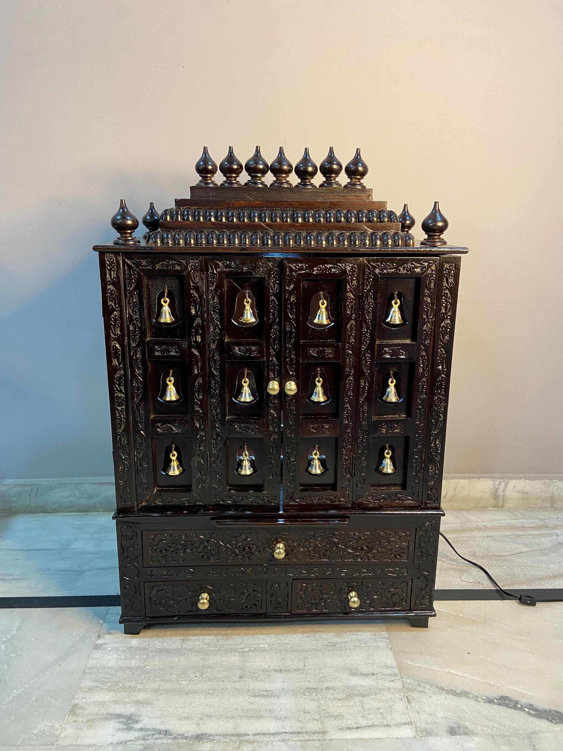 Hand Carved Teak Wood Pooja Mandir - South Indian Style Temple with Cabinet