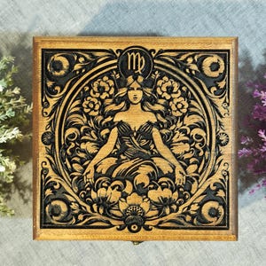 Virgo Zodiac Box – Handmade Wooden Storage Keepsake, Virgo Gift, Astrology Engraving with Lined Interior