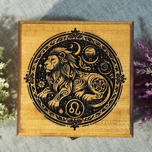 Leo Zodiac Wooden Keepsake Box – Engraved Lion Astrology Design, Handmade Leo Gift
