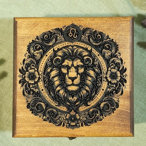 Leo Horoscope Wooden Keepsake Box – Handmade Zodiac Lion Engraving, Astrology Gift for Leo Sign
